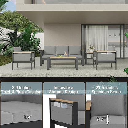 Corinth 5-Piece Aluminum Patio Conversation Set - Outdoor, Porch, Balcony, Yard, Gardern, All Weather Furniture Set with 3 Seater Sofa, Grey