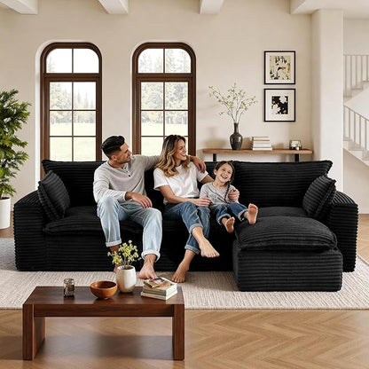 108" Sectional Couches for Living Room Boneless Couch Upholstered Cloud Couch Sectional Modular Sectional Sofa with L Shaped (Corduroy-Black, 3 Seat+1 Ottoman)