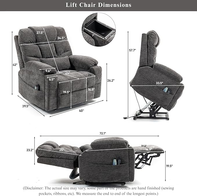 Power Lift Recliner for Elderly Adults, Dual Motor Lay Flat Lift Chair with Heat Massage, Cup Holder & Wireless Phone Charger, USB Type C Charging, Big Tall 400 lbs
