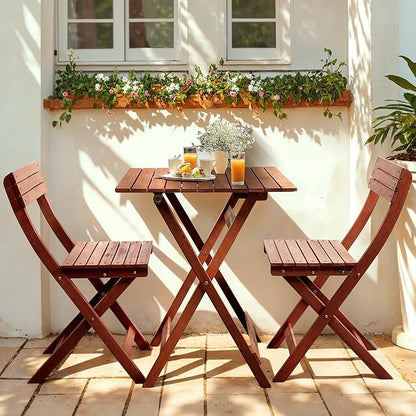 Tranquillo Foldable Eucalyptus Wood Bistro Set – 3-Piece Outdoor Patio Table and Chairs Set, Compact Folding Balcony Furniture, Weather & Water Resistant Garden Set for Small Spaces