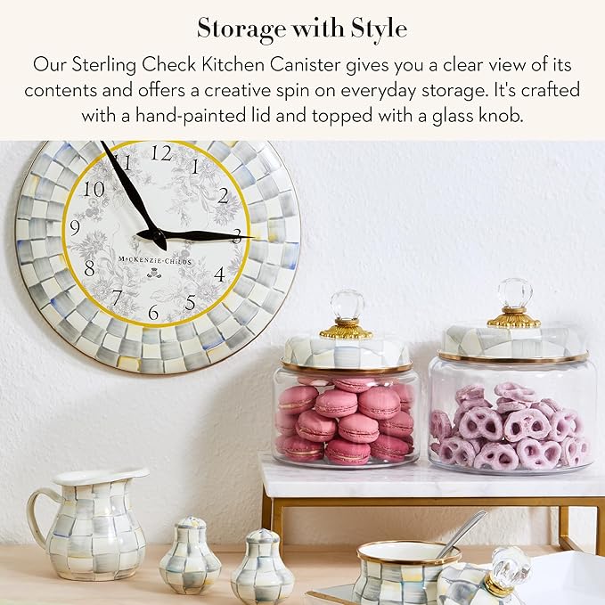 MACKENZIE-CHILDS Sterling Check Kitchen Canister, Decorative Gray-and-White Glass Storage Jar with Lid, Small