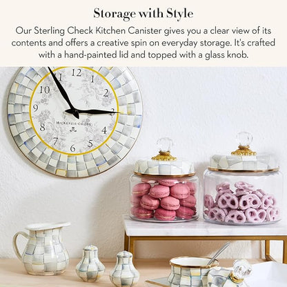 MACKENZIE-CHILDS Sterling Check Kitchen Canister, Decorative Gray-and-White Glass Storage Jar with Lid, Small