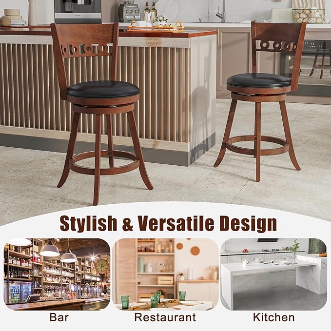 COSTWAY Bar Stools Set of 2, 24.5” Counter Height Bar stools with Solid Wood Legs, Cushioned Seat, Footrest, for Home, Kitchen Island, Bar (2, 24.5'' Seat Height)