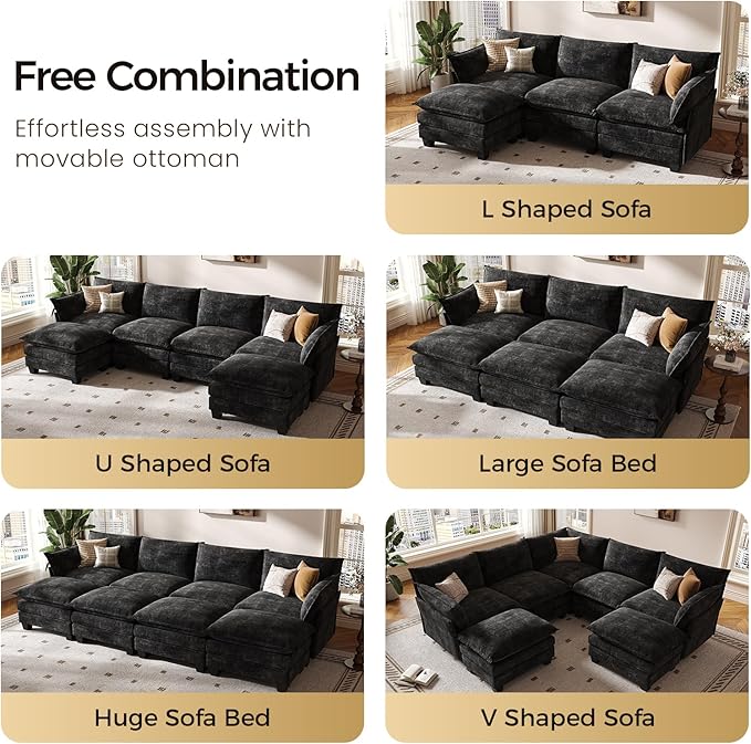 KKL Modular Sectional Sofa, L-Shaped 4 Seater Cloud Couch with Ottoman, Chenille Modern Sectional Couches for Living Room, Apartment, Black