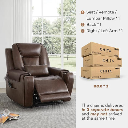 CHITA Electric Power Lift Recliner Chair for Elderly with Massage and Heat, Large Lay Flat Genuine Leather Recliner Chair with Cup Holders, USB Ports, Power Headrest, Independent Backrest, Dark Brown