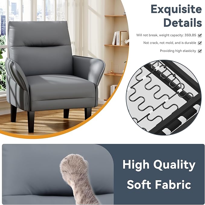 HAOBO Home Modern Grey Accent Chair Upholstered PU Leahter Armchair for Bedroom Living Room Chairs Office Chair