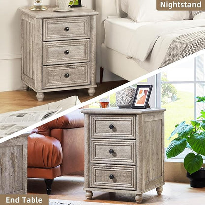 Farmhouse Dressers and Night Stand Set of 3, Wood 43.5'' Tall Dresser and 18'' Wide Chest of Drawers, Roman Column Nightstand Set of 2, Bedroom Furniture Dresser Suites for Living Room, Hallway, Home
