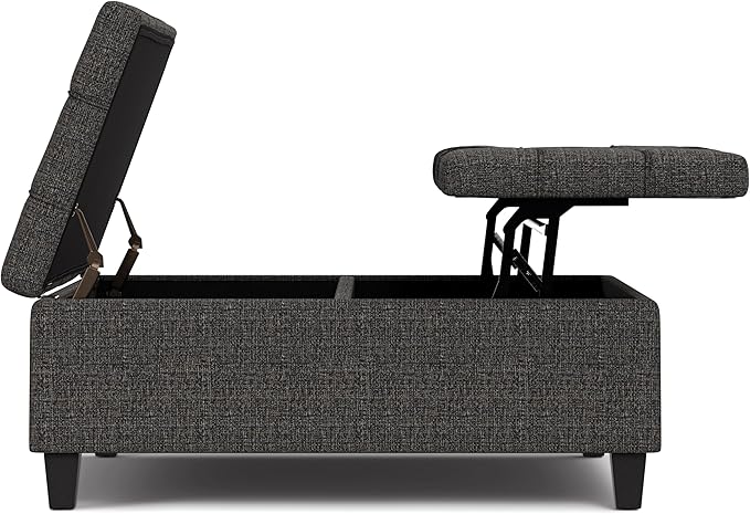 SIMPLIHOME Harrison 40 inch Wide Transitional Square Large Coffee Table Storage Ottoman in Ebony Polyester Tweed, Assembled, for The Living Room and Bedroom
