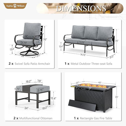 Sophia & William Patio Furniture Sets with 45" Gas Fire Pit Table for 7 Outdoor Conversation Sets 6 Pcs, 2 x Swivel Cushioned Sofa Chairs, 1x3-Seat Sofa, 2xOttomans for Backyard Poolside Grey