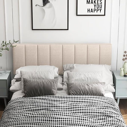 KOMFOTT Linen Upholstered Headboard for Full & Queen Size Bed, Vertical Channel Tufted Rectangular Headboard with Solid Wood Legs & Adjustable Width, Padded Bed Backboard, Easy Assembly, Beige