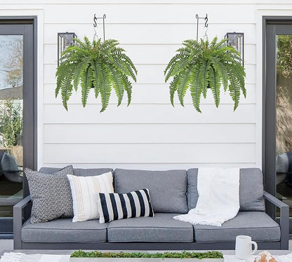 Hollyone 33" Artificial Boston Fern Hanging Basket Large 39 Leaves Fake Ferns in Rattan Pot Greenery Plants for Outdoors & Indoor Faux Fern Bush Basket Plant Patio Garden Home Decor Dusty Green