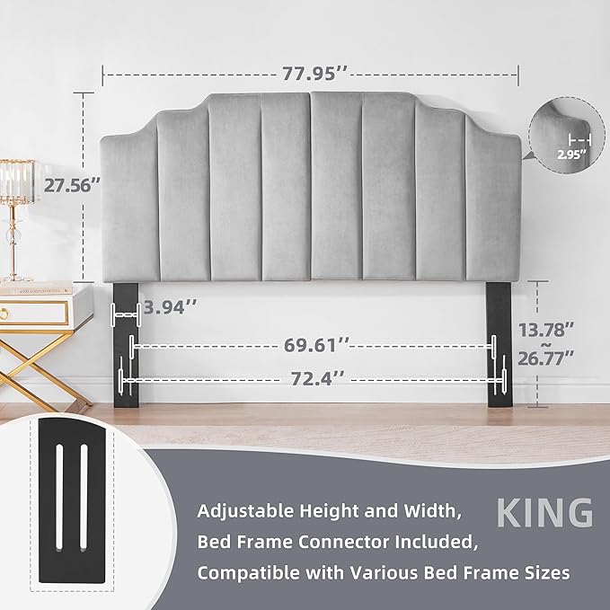 Tufted Headboard, Comfort Velvet Upholstered Headboard, Modern Vertical Channel Design, King Size Bed Compatible, Easy Assembly，Soft Grey