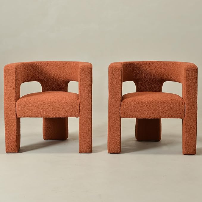 KINWELL 28" W Boucle Accent Chair Armchairs Set of 2, Upholstered Square Open-Back Barrel Chair, No Assembly Side Chair ArmChairs for Living Room Bedroom Lounge (Caramel)