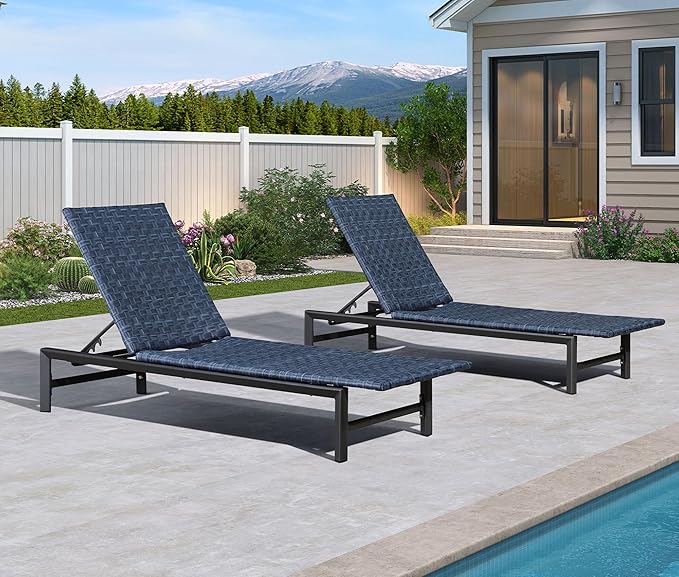 PURPLE LEAF Patio Chaise Lounge Rattan Chair Set of 2 Outdoor Pool Adjustable Recliner Wicker Chairs for Outside Woven Furniture Tanning Poolside Lounger Navy Blue