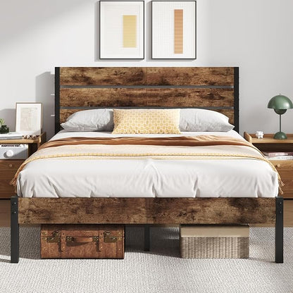 Queen Bed with Headboard and Footboard, with Under Bed Storage, All-Metal Support System, No Box Spring Needed, Easy Assembly, Vintage Brown