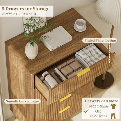 LYNSOM Fluted Dresser and Nightstand Sets 4 Piece, 1-Drawer Nightstands and 5/6 Drawers Dresser, Wood Bedroom Furniture Set for Home, Bedroom, Hallway, Natural Oak