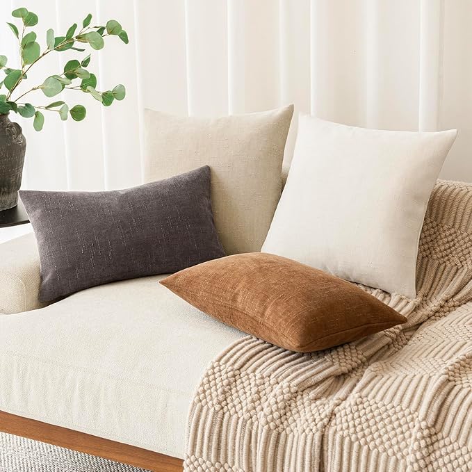 Foindtower Pack of 2 Soft Textured Chenille Throw Decorative Pillow Covers Lumbar Accent Solid Cushion Cover Cozy Farmhouse Pillow Case with Zippe for Couch Sofa Bed Living Room 12x24 Inch, Charcoal