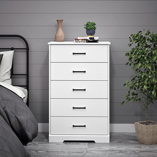Prepac Rustic Ridge Farmhouse Dresser, White Dresser for Bedroom, Chest of Drawers with 5 Drawers 18.5" D x 27.5" W x 43.5" H, WBDR-1605-1
