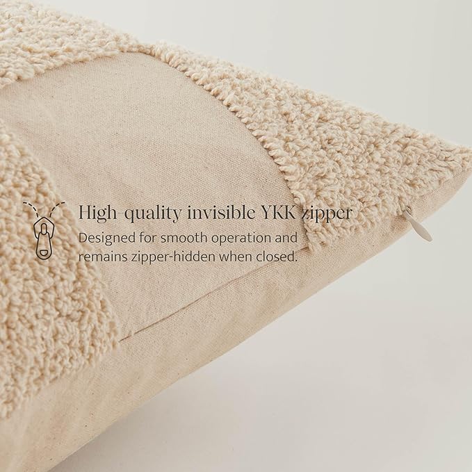 Double Stitch 100% Cotton Throw Pillow Covers - Checkered Tufted Boho Decorative Pillow Covers 18x18, Made in India, Square Cushion Case, Modern Home Decor for Couch, Sofa, Living Room, Oat