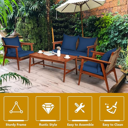 COSTWAY 4 Pieces Acacia Wood Patio Conversation Set, Outdoor Wicker Sofa with Coffee Table & Cushions, Patio Rattan Furniture Set for Yard, Porch, Poolside, Balcony, Backyard, Navy