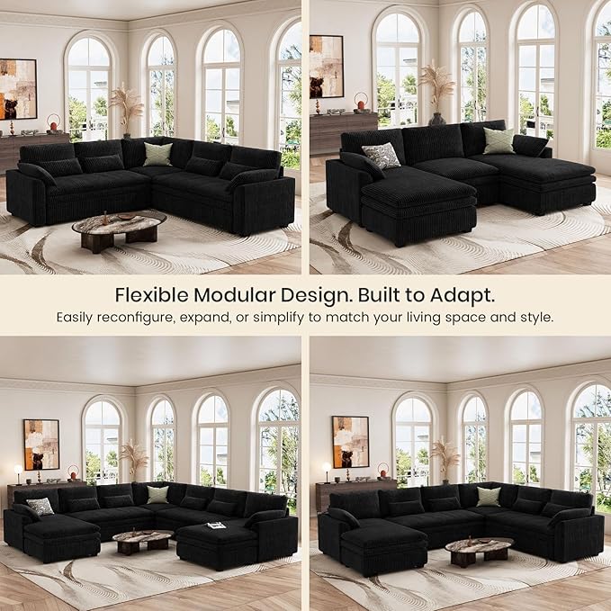 Belffin Large Modular Sectional Sofa with Deep Chaise, 73.6" Corduroy L Shaped Couch with 9" Soft Dual-Layer Seats Cushion for Living Room, Apartment, Black