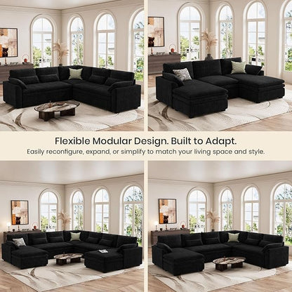 Belffin Large Modular Sectional Sofa with Deep Chaise, 73.6" Corduroy L Shaped Couch with 9" Soft Dual-Layer Seats Cushion for Living Room, Apartment, Black