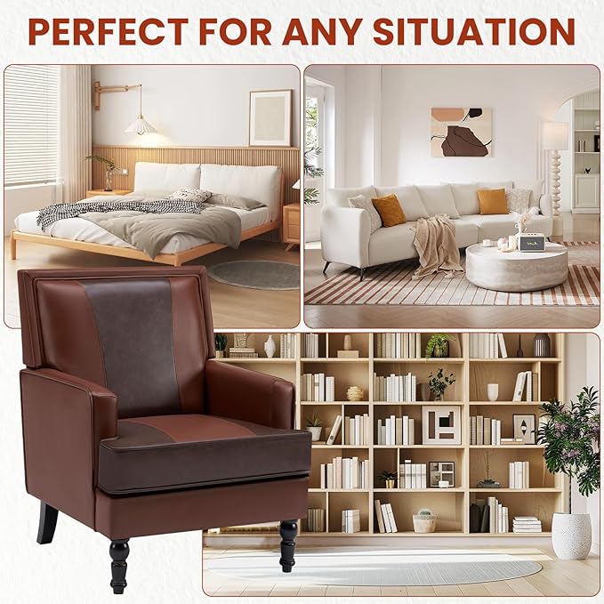 MOJAY Mid-Century Modern Accent Chairs, PU Leather Upholstered Lounge Armchair, Comfy Club Chair for Living Room, Bedroom, Home Office & Study (Brown)