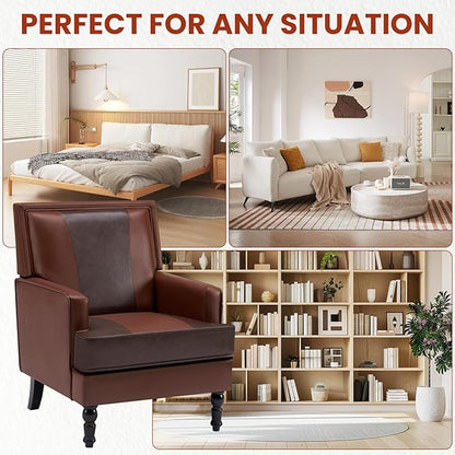 MOJAY Mid-Century Modern Accent Chairs, PU Leather Upholstered Lounge Armchair, Comfy Club Chair for Living Room, Bedroom, Home Office & Study (Brown)