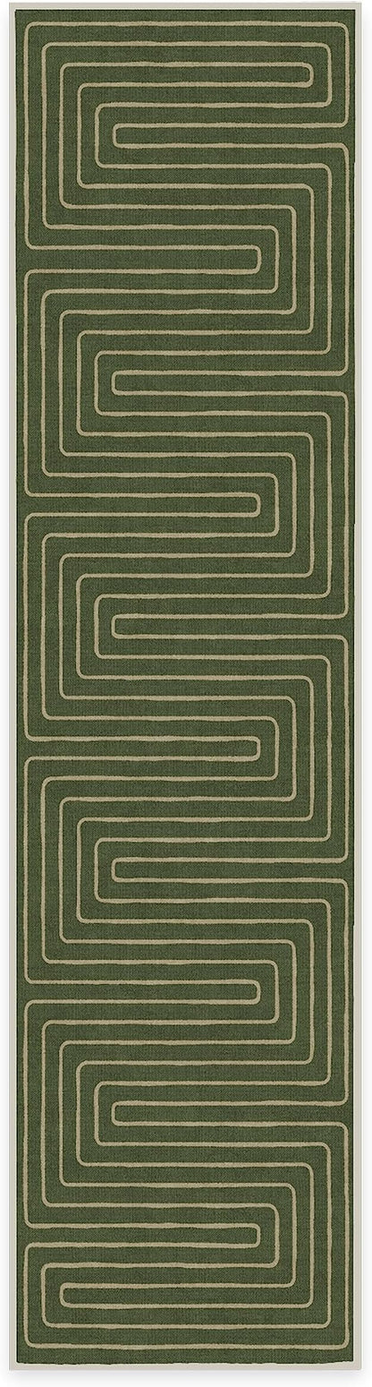 RUGGABLE x Jonathan Adler Machine Washable Modern Runner Rug – Labyrinth Fern Green 2.5x10, Stain-Resistant, Non-Slip – Washable Rug for Hallway, Entryway, Living Room & Kitchen–with Standard Pad