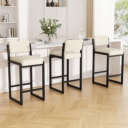 Bar Stools Set of 3, Fabric Counter Height Bar Stools with High Back and Metal Legs, Upholstered Bar Chairs, 26" Modern Barstools for Kitchen Island, Beige