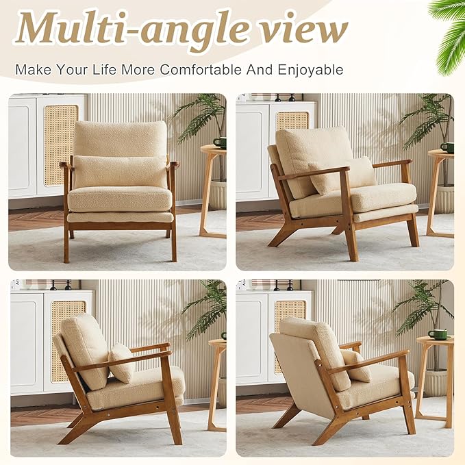 VINGLI Solid Wood Wide Armrests Accent Chair Set of 2,Upholstered Mid Century Modern Chair with Pillow,Farmhouse Arm Chair Comfy Reading Chair,Chairs Living Room,Bedroom,Guest Room,Teddy Fleece,Khaki