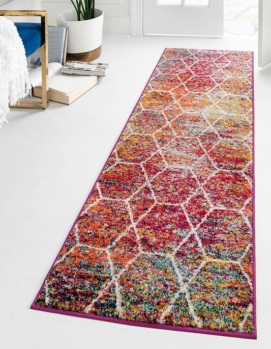 Unique Loom Trellis Frieze Collection Area Rug - Geometric (2' x 10' Runner, Multi/ Ivory)