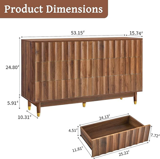Fluted 6 Drawer Dresser, 53" Wide Modern Storage Chest of Drawers, Wood Drawer Organizer for Bedroom, Living Room, Hallway