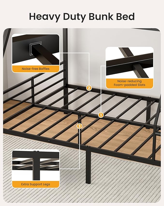 Bunk Beds Twin Over Full Size, Heavy Duty Bunk Beds with 2 Storage Drawers, Safety Guardrails & Padded Ladder, Twin Over Full Bunk Bed, No Box Spring Needed, Black