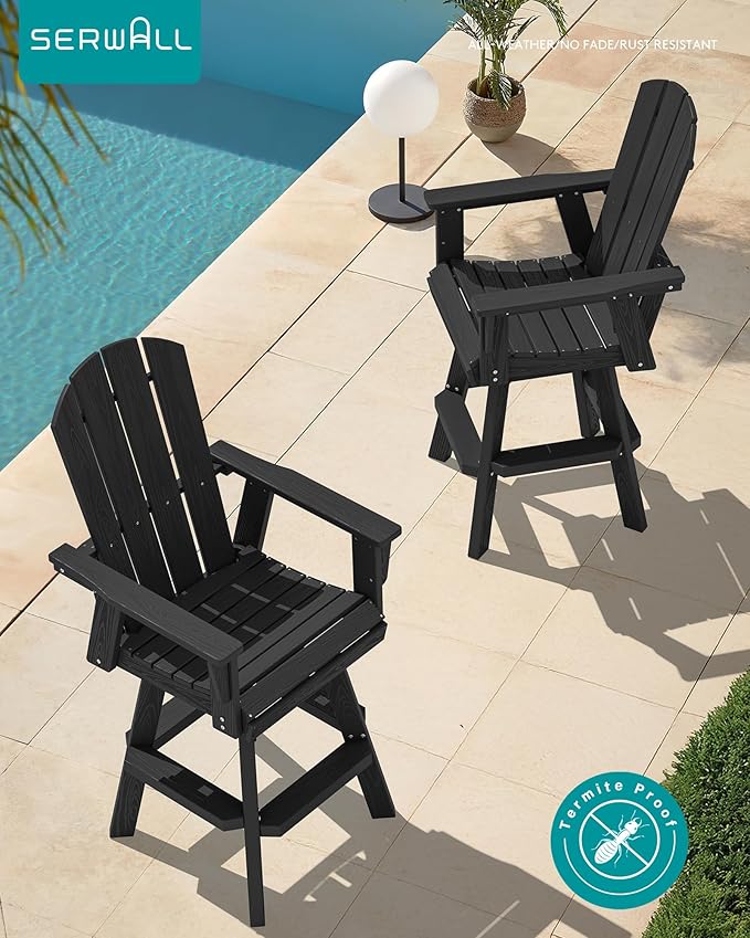 SERWALL 3-Piece Swivel Adirondack Bar Set, HDPE Swivel Bar Height Chairs Set of 2 with Bar Table, All-Weather Outdoor Barstools for Patio, Poolside, Garden, Black