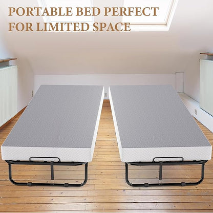 Folding Bed with Memory Foam Mattress, Portable Rollaway Guest Beds on Wheels, 75"x31" Twin Size Space-Saving Cot-Size Bed for Adults with Easy Assembly Metal Frame (Grey)