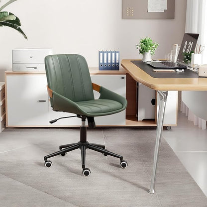 Small Home Office Chair No Arms,PU Leather Desk Chair with Wheels,Adjustable Height Work Chair,360° Swivel Computer Desk Chair for Office, Reading and Study (Green)