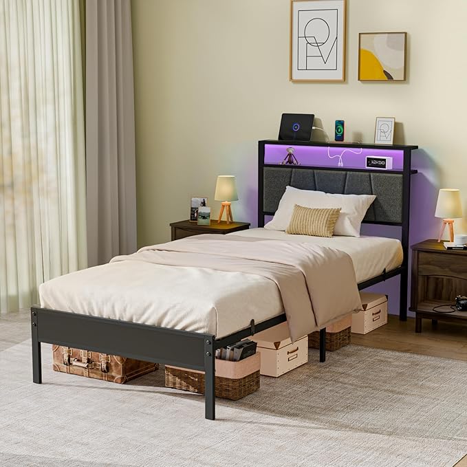 Z-hom Twin Bed Frame with Upholstered Headboard and Footboard, Metal Platform with Dual Storage Compartments, LED Lights and USB Ports, Easy Assembly, Grey