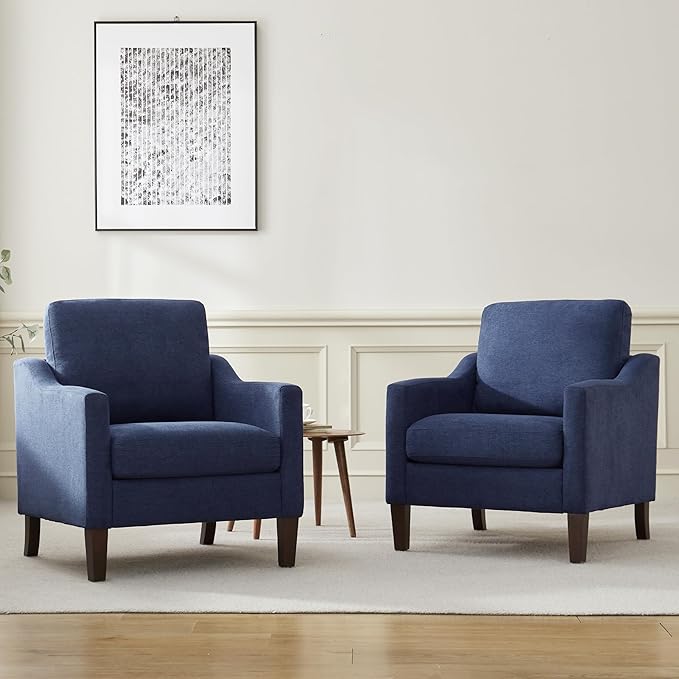 VKNOW Mid Century Modern Accent Chairs Set of 2, Upholstered Living Room Chairs Armchair for Bedroom, Comfy Reading Accent Chairs with Wood Legs for Living Room, Navy Blue