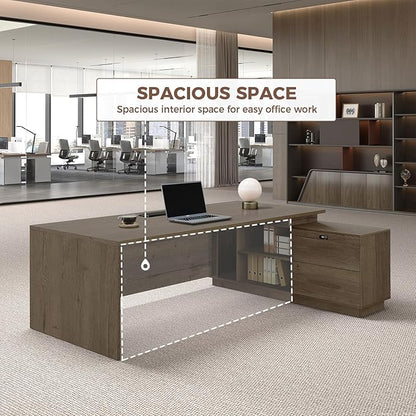 L Shape Executive Office Desk with Reversible Cabinets, Lockable Drawers, Cable Box & Privacy Panel – Modern Wood Grain Desk for Home Office or Business Use(Walnut,63" L*32" W*30" H)