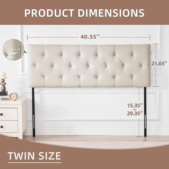 Linen Upholstered Headboard Twin Size, Diamond Tufting Solid Wood Twin XL Headboard Only, Adjustable Height from 37” to 51” Head Board, Dorm Bed Frame or Wall Mount Headboards, Beige