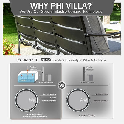 PHI VILLA 4 Piece Patio Furniture Sets for 5 Person with 1 x 3-Seat Deep Seating Bench, 2 x Cushioned Swivel Sofa Chairs & 1 x Coffee Table, Outdoor Metal Conversation Set for Lawn Garden,Grey