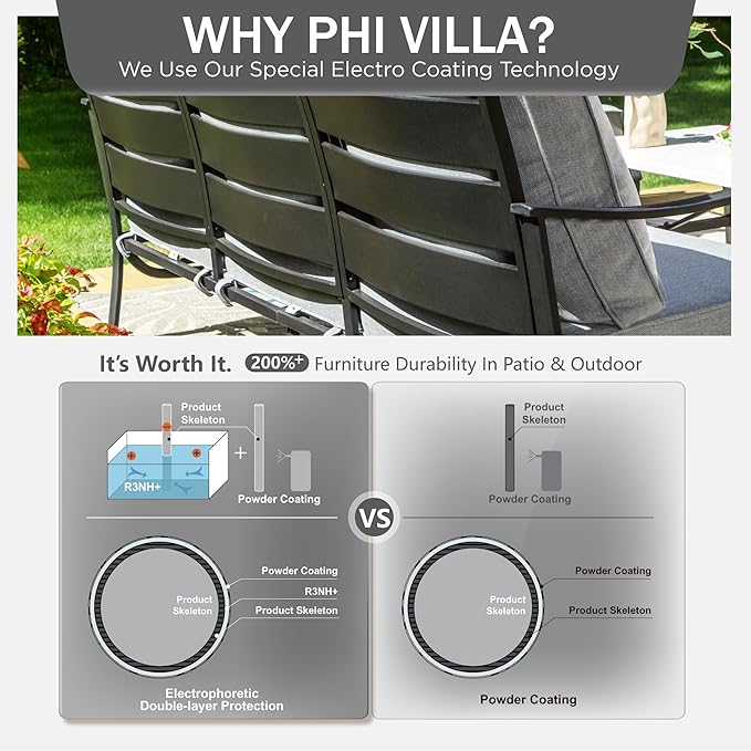 PHI VILLA 4 Piece Patio Furniture with Metal FirePit Table, 1 x 3-Seat Wide Deep Seating Bench & 2 x Swivel Sofa Chairs, 5.75" Thick Cushioned Outdoor Furniture Conversation Set for 5, Grey