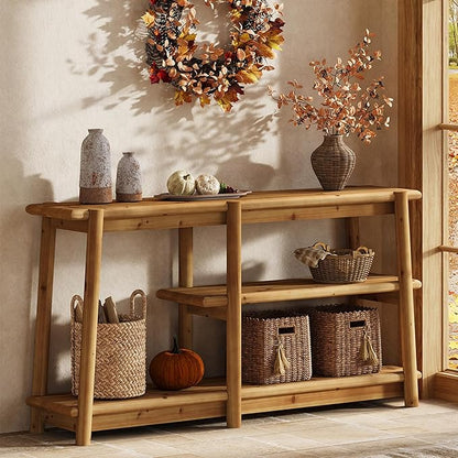 LITTLE TREE Solid Wood Console Table, 63-Inch Farmhouse Sofa Table Behind Couch, 3-Tier Entryway Table with Storage, for Living Room, Hallway in Warm Wood Color