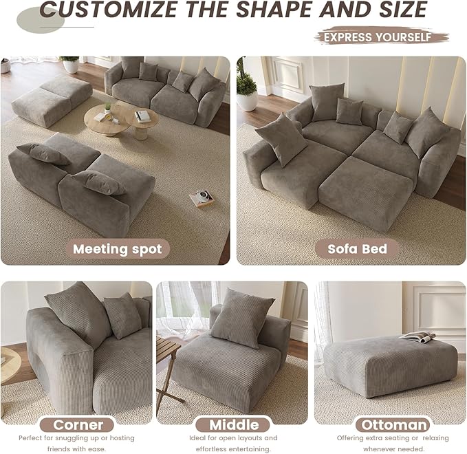 WJShome Cloud Couch Modular Sectional Sofa,102inch Corduroy Couch 2 Seater LoveSofa,Brown Convertible Sectional Sofa for Living Room, Cushion Covers Removable& Washable