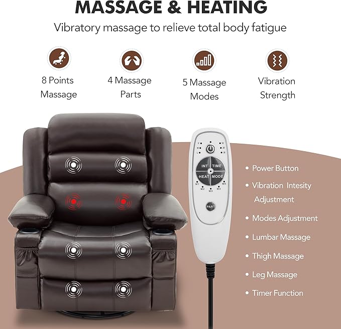 Oversized Recliner Chairs for Adults, 360° Swivel Rocking Recliner with Heat and Massage Lazy Boy Recliner,Recliner Chairs Single Sofa Seat with Cup Holders (Darkbrown, Regular)