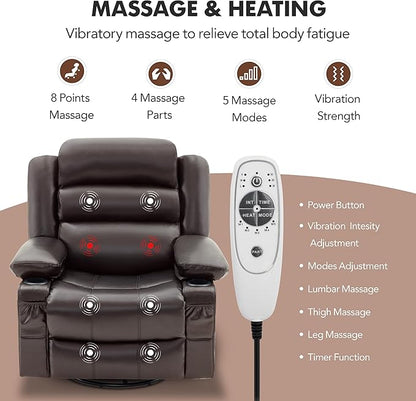 Oversized Recliner Chairs for Adults, 360° Swivel Rocking Recliner with Heat and Massage Lazy Boy Recliner,Recliner Chairs Single Sofa Seat with Cup Holders (Darkbrown, Regular)
