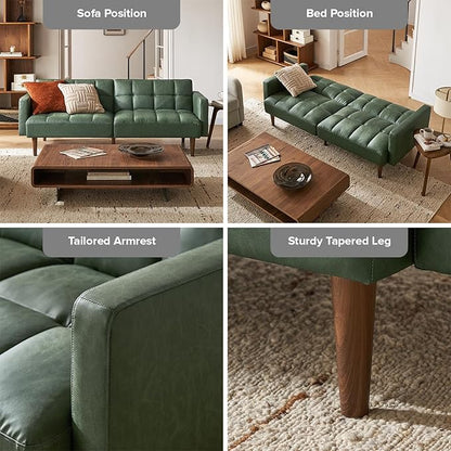 mopio 76.4" Futon Sofa Bed, Couch, Loveseat, Sleeper Sofa, Mid Century Modern Futon Couch, Sofa Cama, Couches for Living Room (Aaron PU, Sage Green)