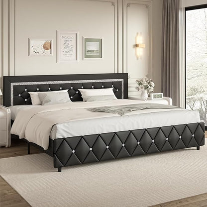 BarnFurin King Size Bed Frame and Headboard, Faux Leather Upholstered Bed with Diamond Tufted Design, Modern Platform Bed Frame with Wooden Slats Support, No Box Spring Required, Easy Assembly, Black