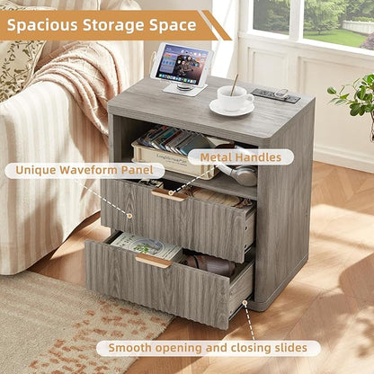 LEYAOYAO Fluted Farmhouse Nightstand Set of 2 with Charging Station, 23" Wide 2 Drawers End Table,Grey Dresser for Bedroom,Bed Side Table Chest of Drawers Cabinet,Wood Night Stand for Living Room